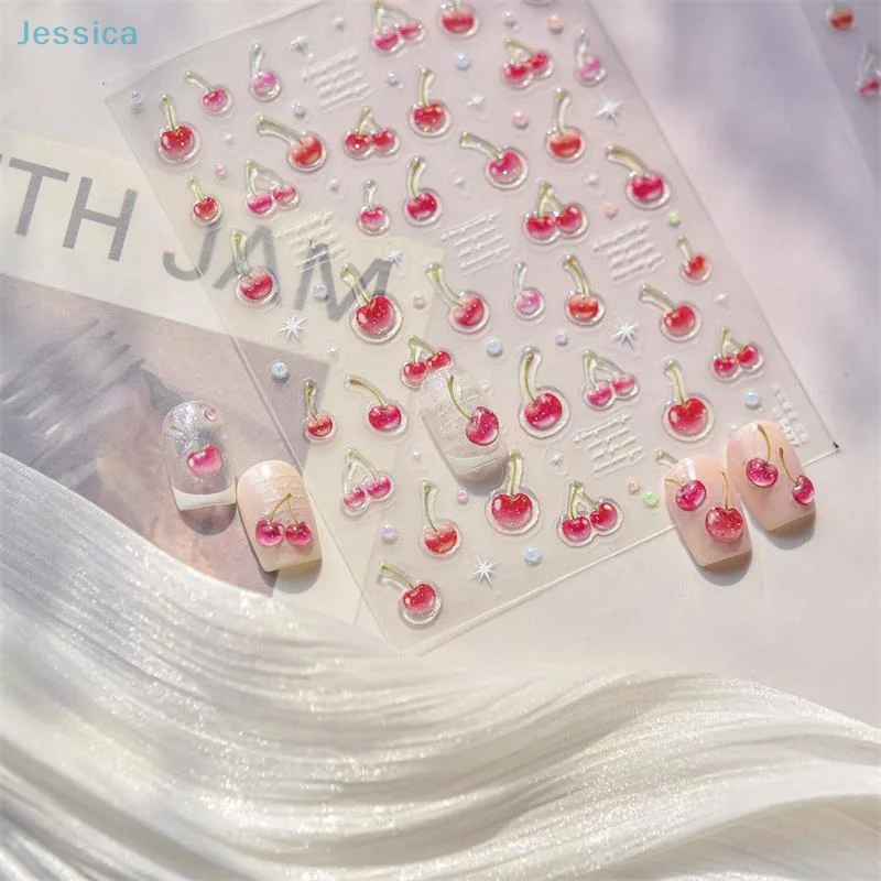 ♥ Autocollants 3D cerise pour Nail Art, décalcomanies de fruits scintillants pour décorations d'ongles à faire soi-même, accessoires de manucure auto-adhésifs