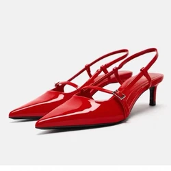 Patent Leather Women Sandals Sexy Pointed Toe Back Strap Buckle Summer Slingback Footwear Large Size High Heel Red Wedding Shoes