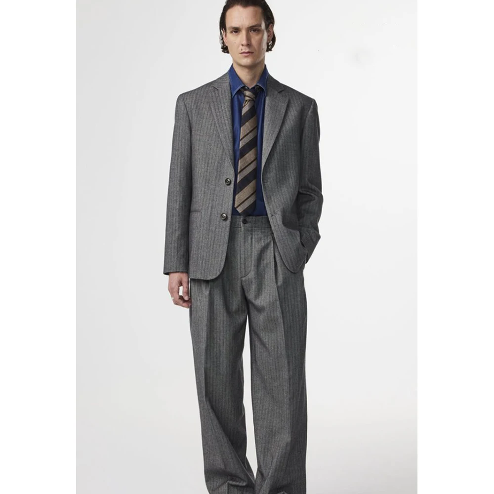 

Pinstripe Grey Men's Straight Suit 2 Piece Jacket Pant Sets Single-Breasted Notch Lapel Loose Casual Office Party Male Clothing