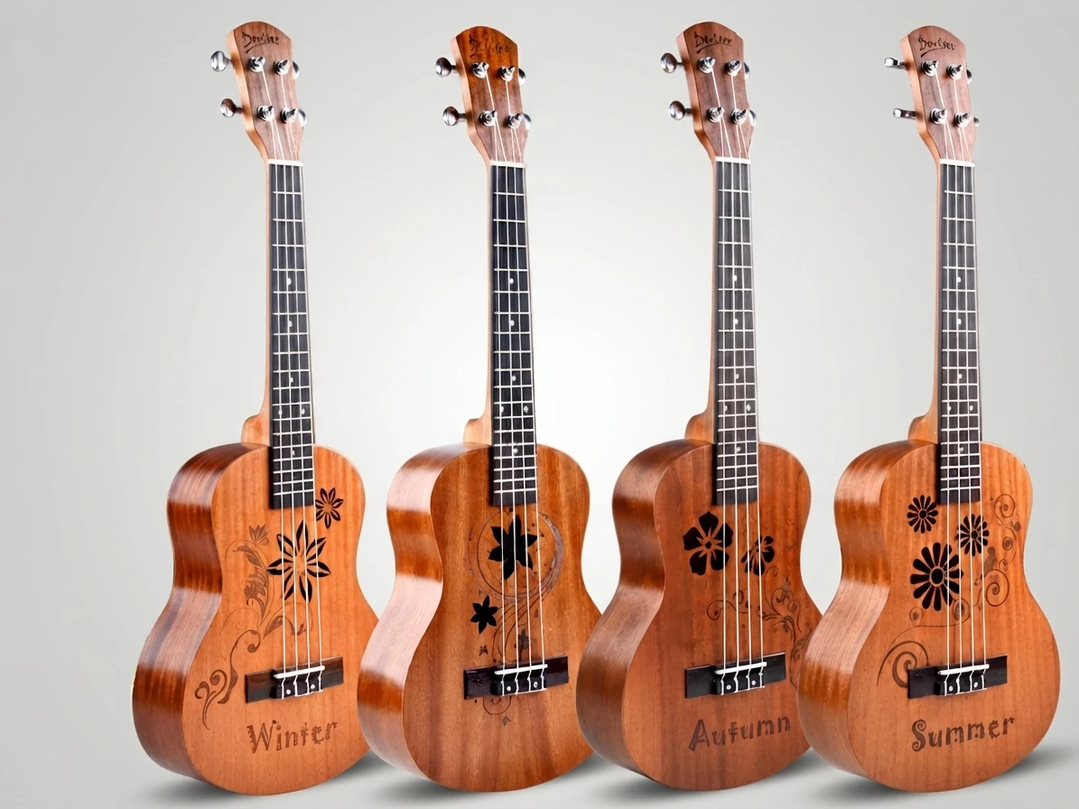 Floral Carved Ukulele 4 Strings, Four Seasons Patterns, Brown Matte Soprano Body, Silver Closed Tuners for Beginners Practice