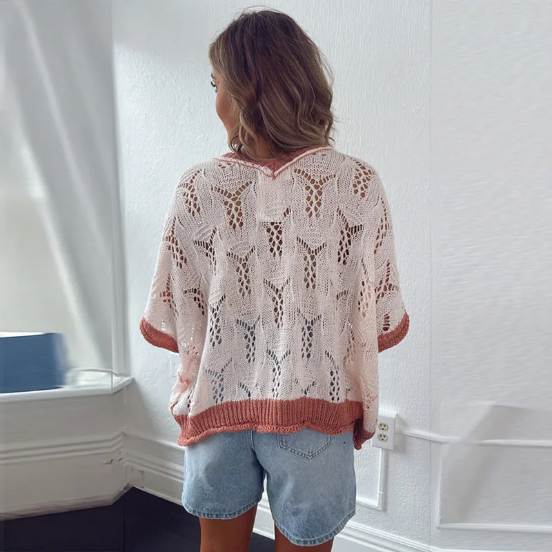 سترة نسائية برقبة على شكل حرف V موضة الربيع ثلاثية الأبعاد على شكل زهرة نصف كم بلوفر مجوف اللون متطابق مع النمط الأوروبي الأمريكي