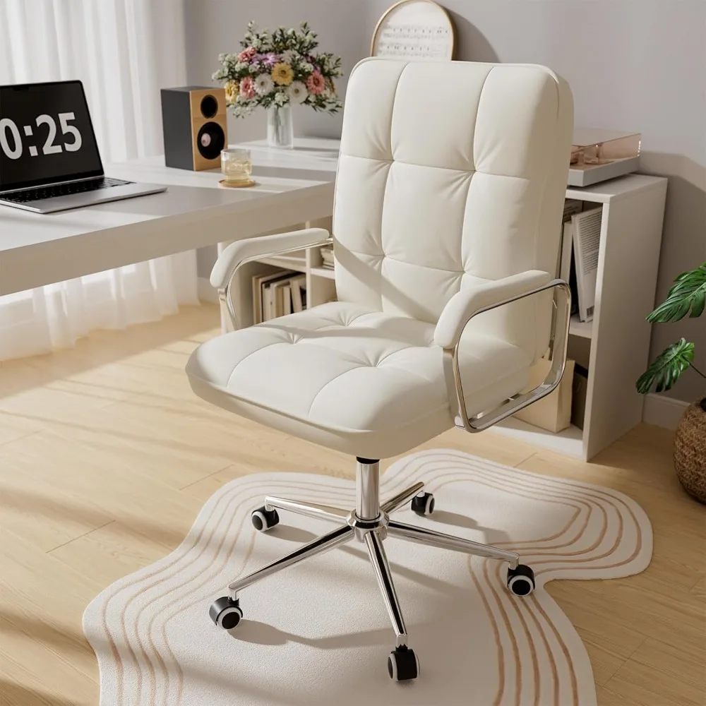

White Office Chair with Soft Leather, Swivel Computer Home Office Desk Chair with Wheels and Padded Arms, Adjustable Height and