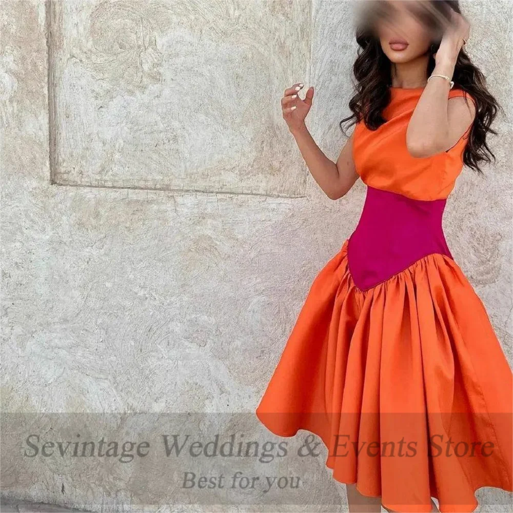 Customized Orange Arabic Short Evening Dresses O-Neck A Line Knee Length Women Wedding Party Gowns Satin Formal Prom Dress