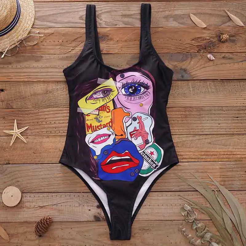Sexy One Piece Swimwear Woman 2025 Flame Red Lips Print Push Up Monokini Backless Bodysuit Swimsuit Beach Bathing Suits