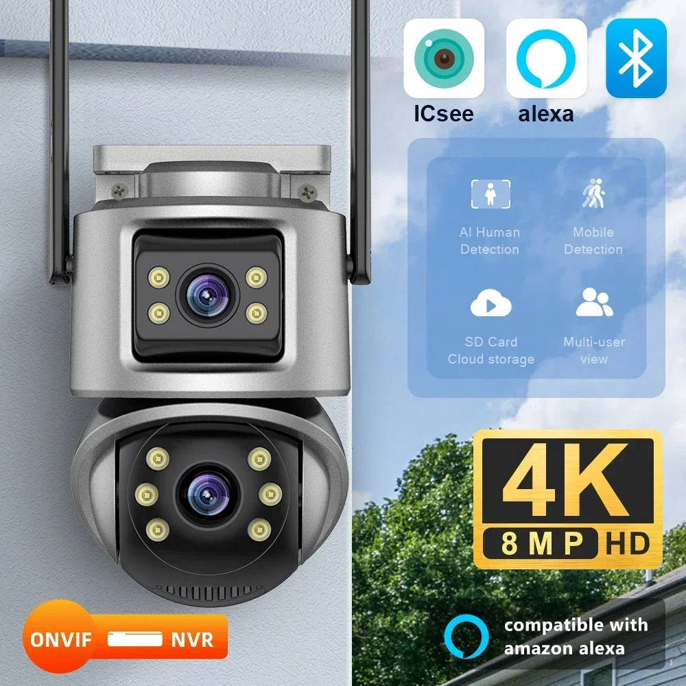 camera ptz de lente dupla ao ar livre tela dupla rastreamento automatico ai ip cctv audio vigilancia por video p2p icsee 4k 8mp hd wifi 6mp 01