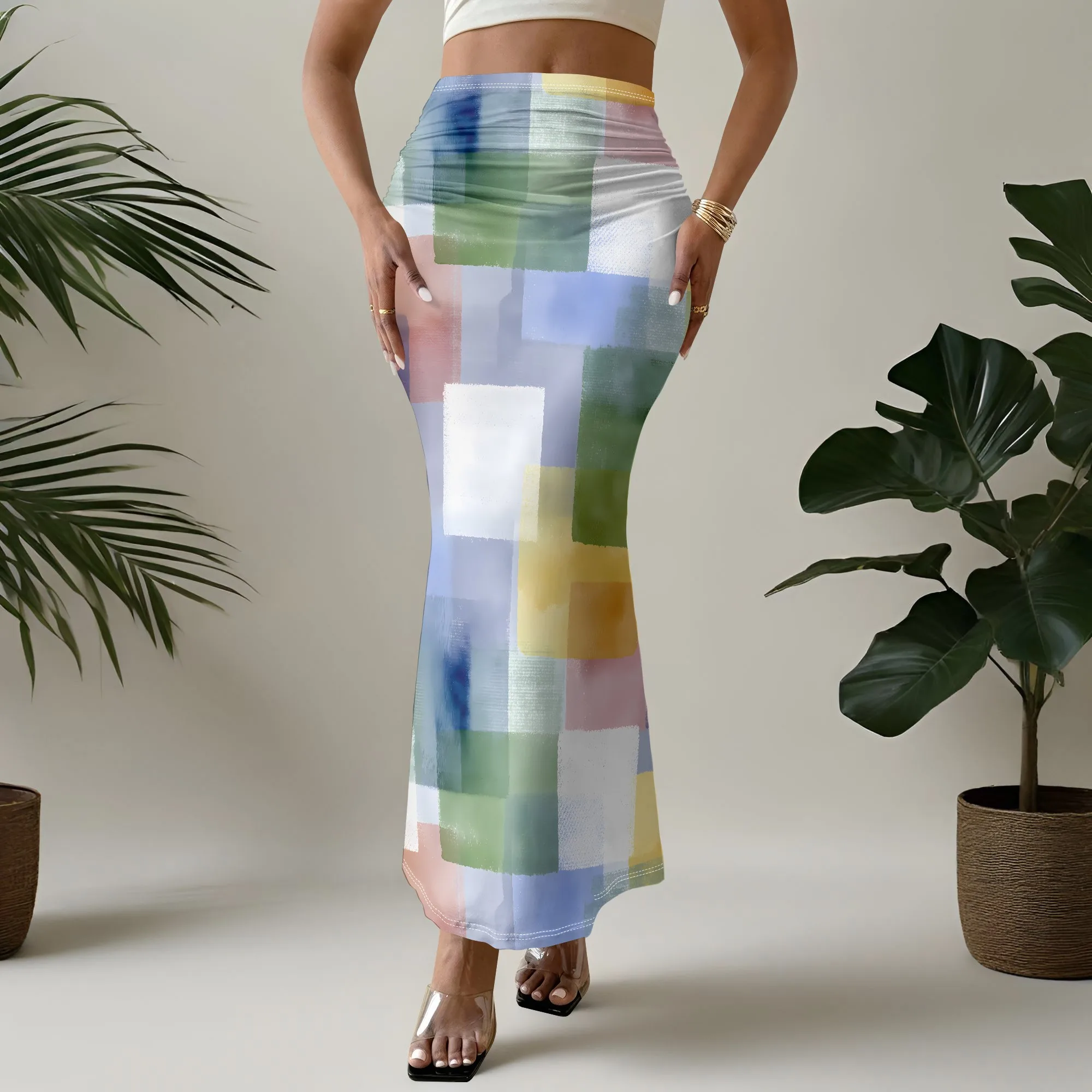 Abstract Art Print Skirt, Color Block Maxi Skirt, Pastel Square Pattern, Summer Beach Wear, Elegant Party Bottoms, S-3XL