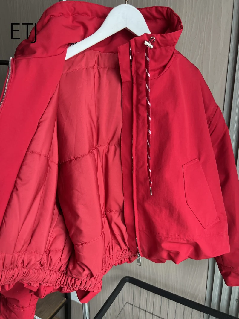 ETJ 2026 Damen Polyester Gefütterte Jacke mit Stehkragen, Kordelzug an der Taille, Oversize Pufferjacke, Kurze Windjacke – Detail 10