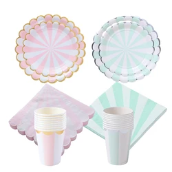 Pink Mint Green Stripe Disposable Tableware Sets Paper Cups Plate Straws Fork Disposable Sets Wedding Birthday Party Supplies