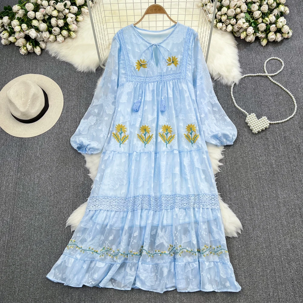 

Vacation Style Beach Dress O-neck Embroidery Floral Loose A-line Vestido Fashion Ruffled Casual Long Robe Spring Summer Clothing