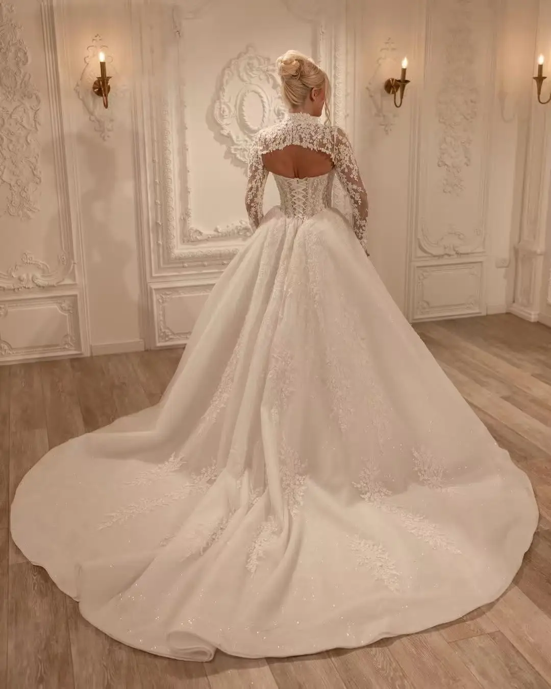 Customized Strapless Lace Wedding Dresses A Line Long Sleeves Bridal Gowns With Removable Lace Jacket Vestido De Novia