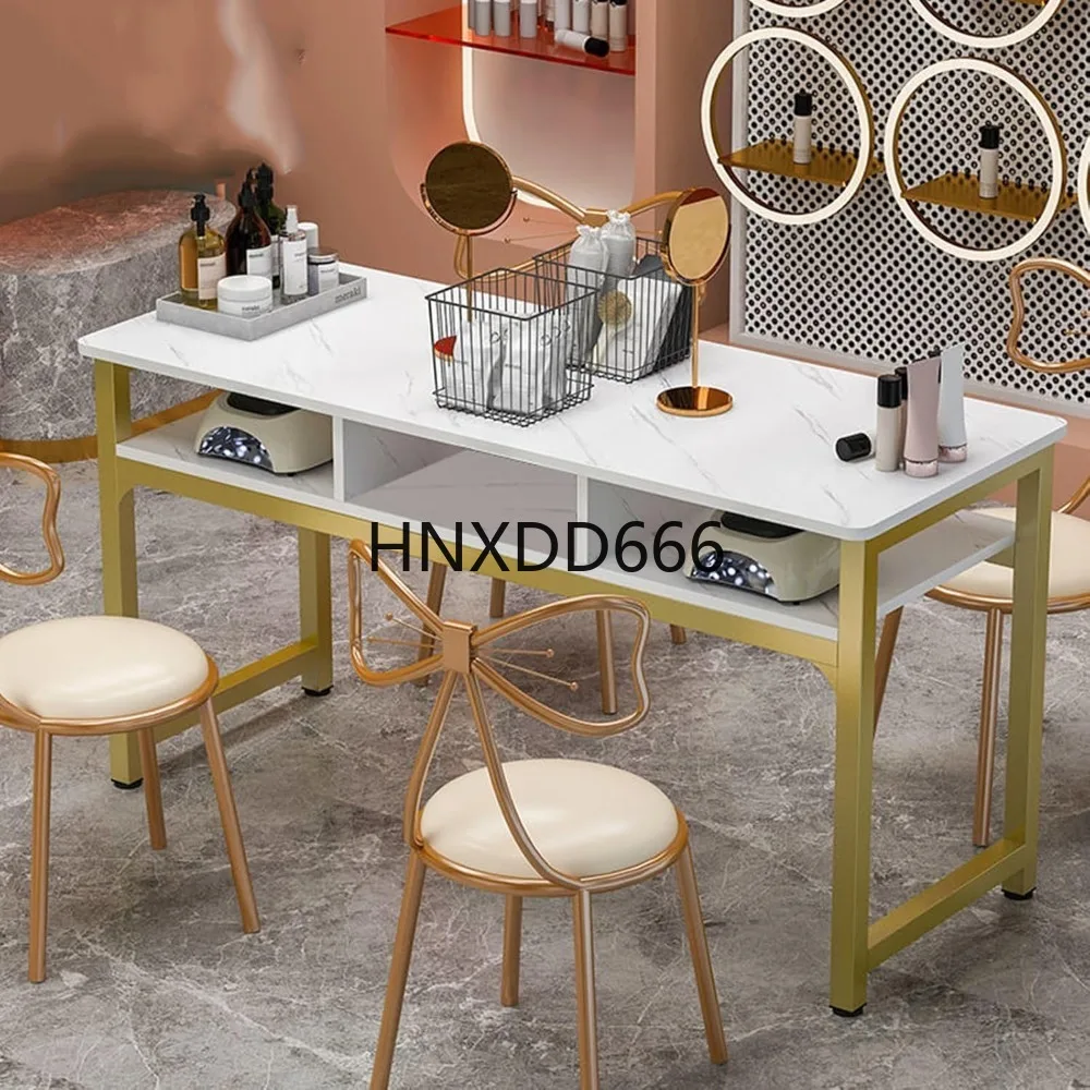 

Marble Texture Manicure Table, Double Layer Storage with 3 Open Shelves Professional Art Nail Desk(140x40x75cm)
