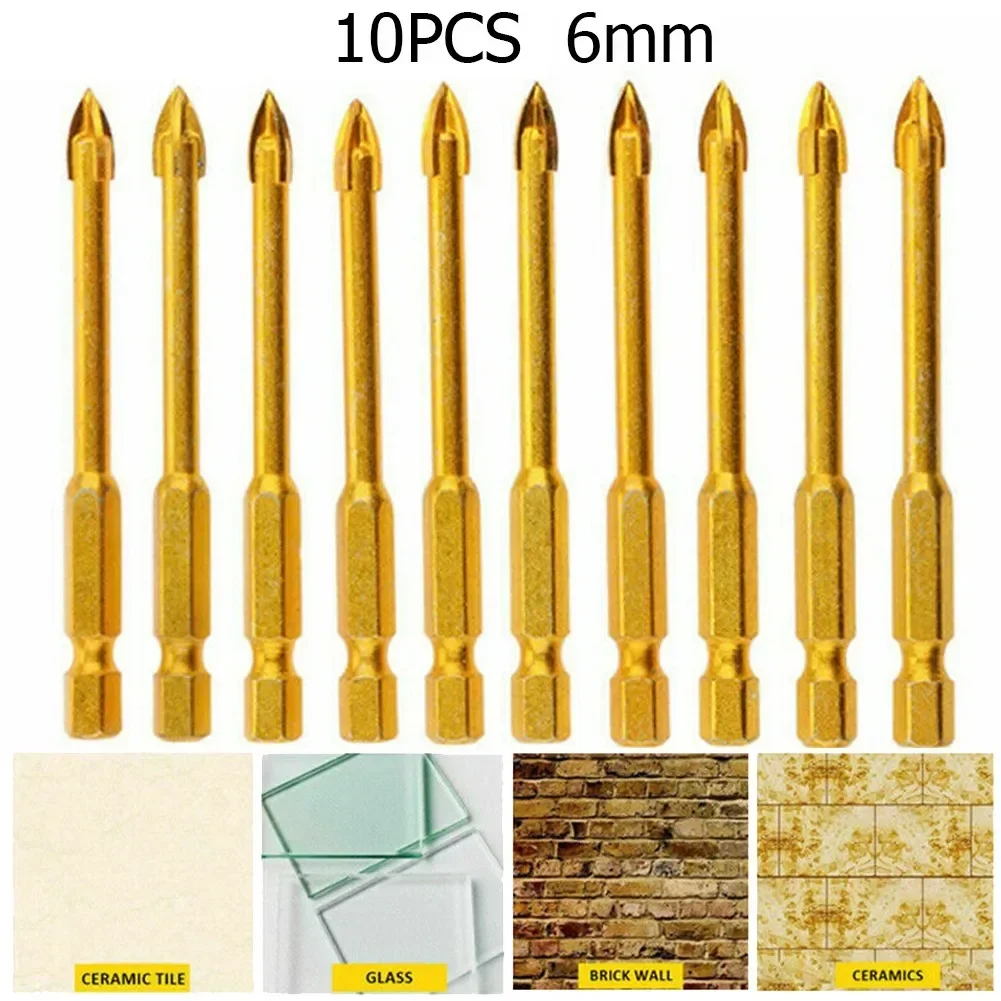 

10Pcs 6mm Glass Drill Bit Set Industrial Grade Of TIN Coated Carbide Cross Drill For Drilling Hammer Drill Hole Accessories