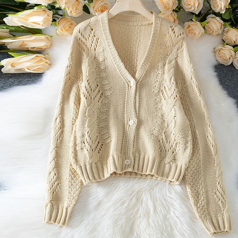 

Casual Long Sleeve Hollow Out Knit Tops Elegant Loose Women's Commute Jumpers Autumn Winter Women Solid Color Button Cardigans