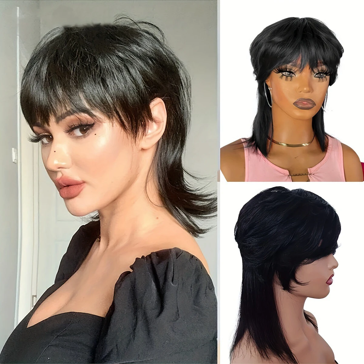 Ocelot Black synthetic dovetail ladies wig with bangs natural curling daily wear elf cut heat-resistant wig