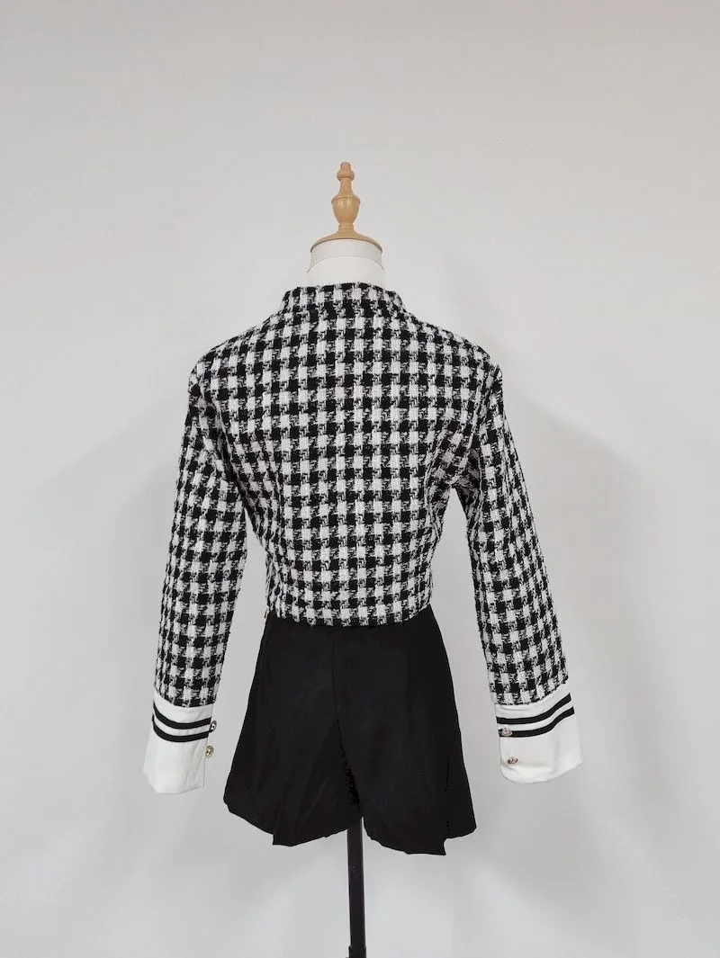 Veste et short à col montant pour femme, parfumée, tempérament coréen, carreaux, double boutonnage, haut de gamme, mince, trempé, ensemble 2 pièces