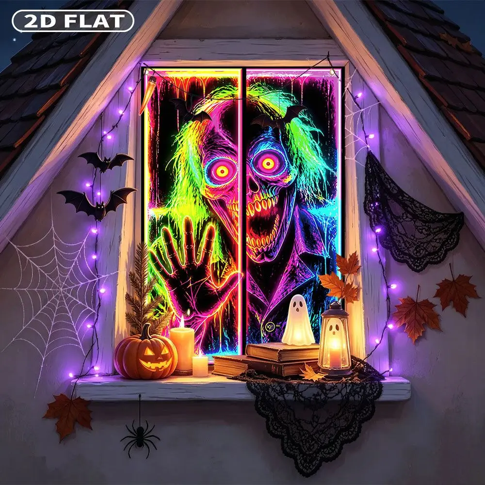 2D FLAT 1pc Party Window Cover Banner, with Neon Skull Horror Art Glow In Dark Poster, No Power Need Home Decor