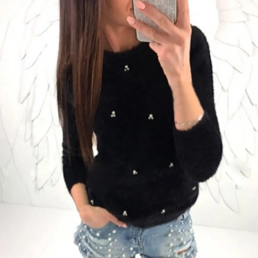 Long Sleeve Sweater Top Slim Fit Solid Color Knitted Sweater Autumn Winter Plush Faux Pearls Sweater Jumper Female Clothing