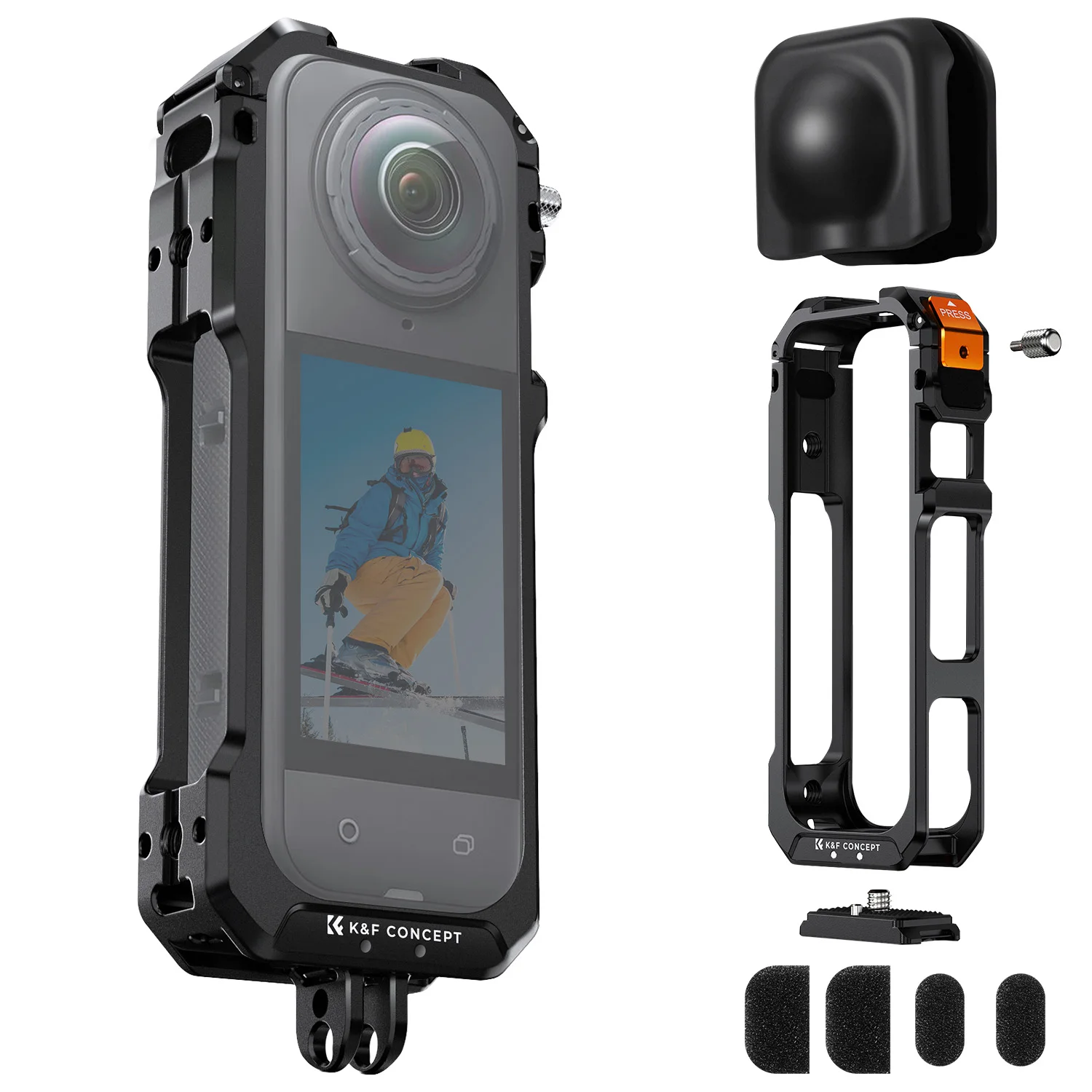 k-f-concept-aluminum-camera-cage-for-insta360-x5-case-with-quick-release-knob-cold-shoe-mounts-1-4-threads-silicone-lens-cover