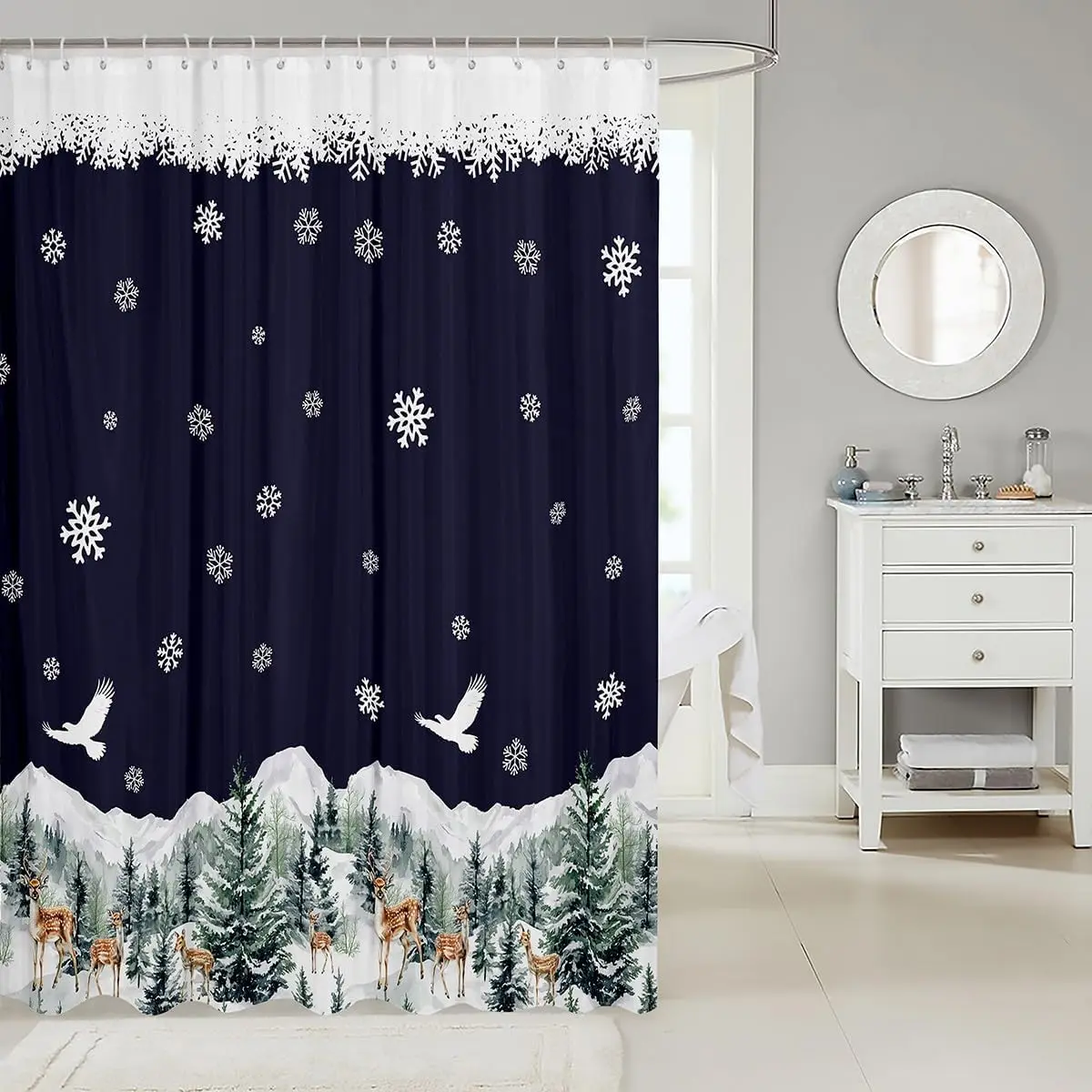 عيد ميلاد سعيد دش الستائر ندفة الثلج ستارة الحمام للأطفال النساء الرجال لطيف الغزلان اكسسوارات الحمام الأزرق مقاوم للماء