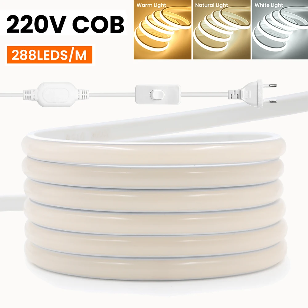 

220V COB LED Neon Strip Light 288LED/M With Switch EU UK Power Plug High Bright Flexible Tape RA90 Waterproof 3000K 4000K 6000K