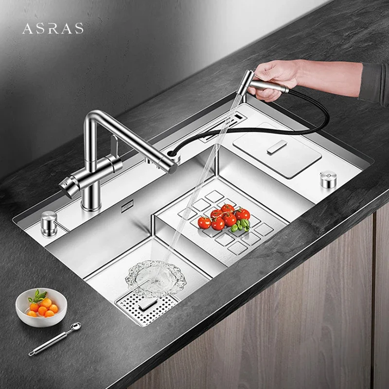 ASRAS Large Size SUS 304 Stainless Steel Kitchen Stepped Sink 4mm Thickness 220mm Depth Handmade Brushed With Trash Can Sinks