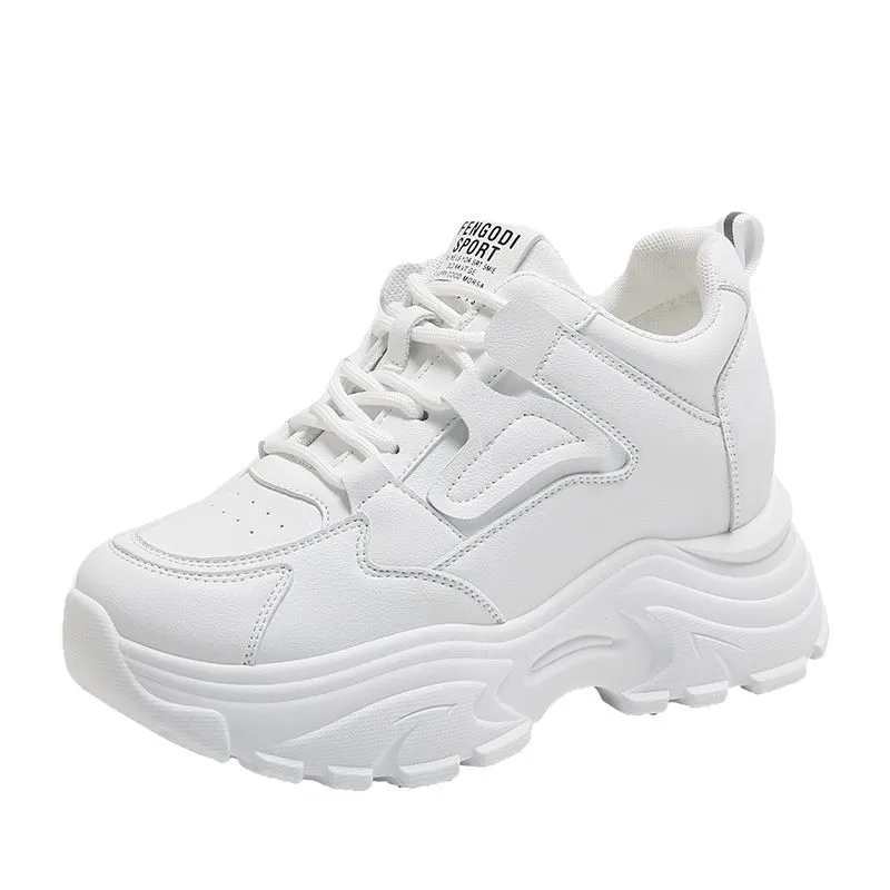 

Women's white platform sneakers, platform breathable leather walking shoes