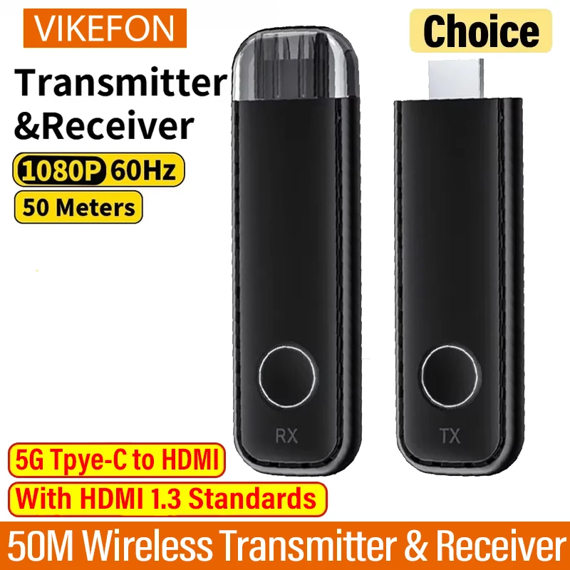 Portable 5G 50M Wireless HDMI Transmitter and Receiver Extender Audio Video Streaming for HD TV Laptop PC Camera Smartphone