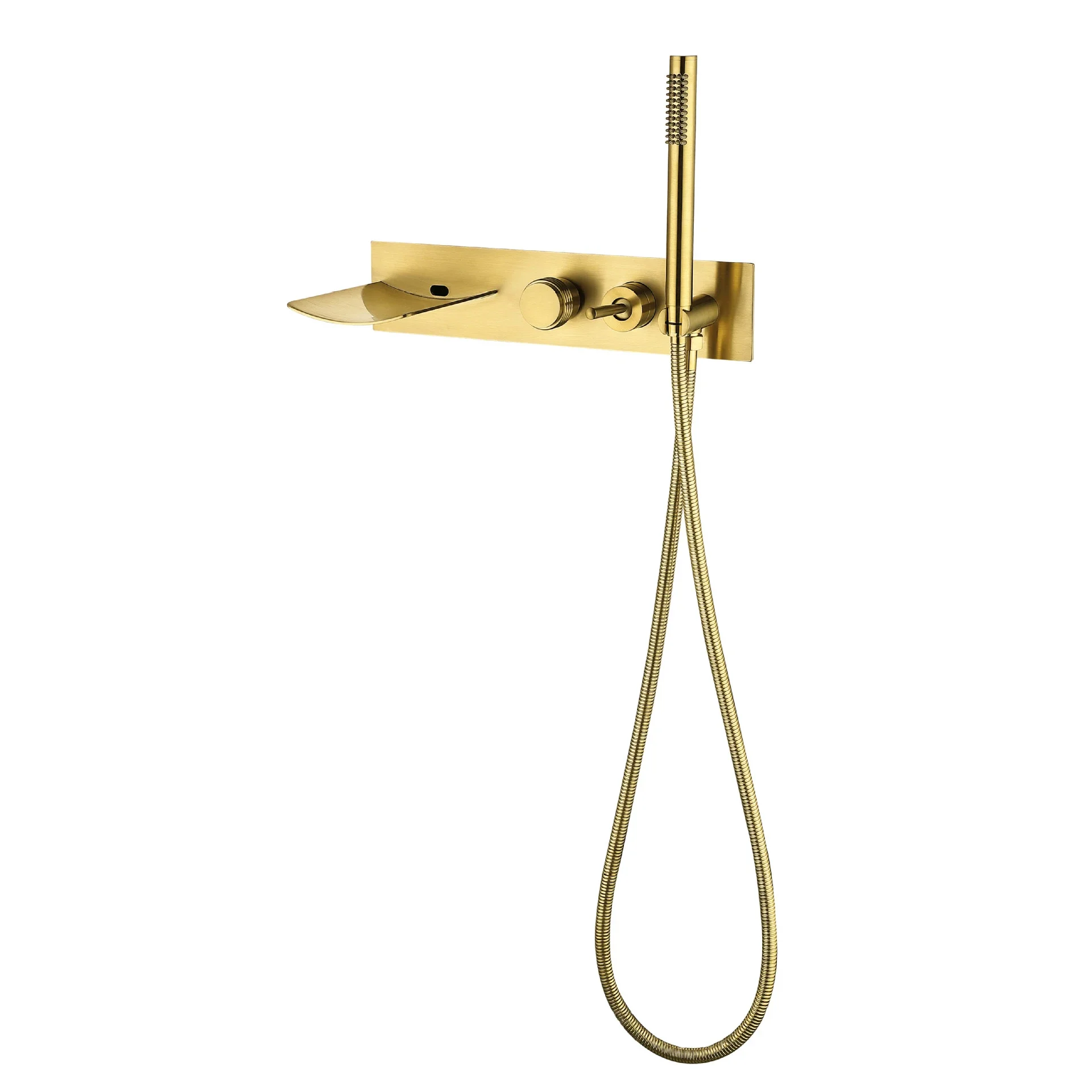 Wall Mount Shower Faucet Set Brushed Gold Finish Waterfall Bathtub Faucet with Handheld Shower