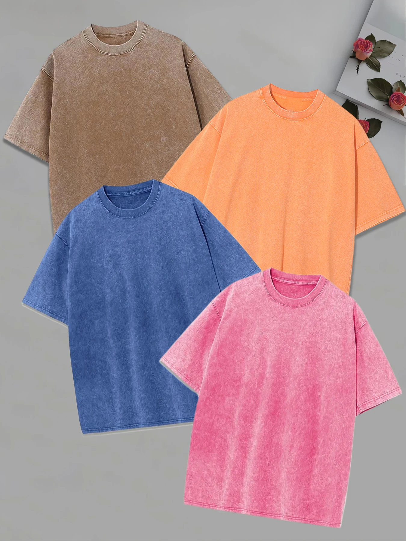 4PCS Daily Fashion Casual Basic Bottom T-shirt Men's Women's American Vintage Washed Solid Color Short Sleeve Couple's T Shirts
