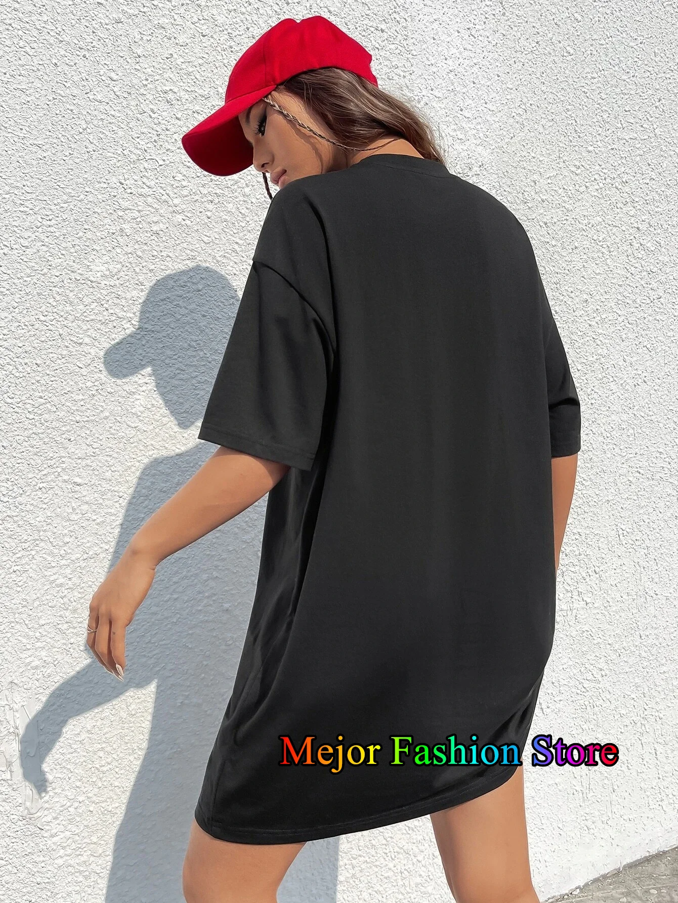 夏新常にロックヴィンテージ赤い口紅マイクプリント女性半袖 Tシャツドレス無地ルーズファッションドレス