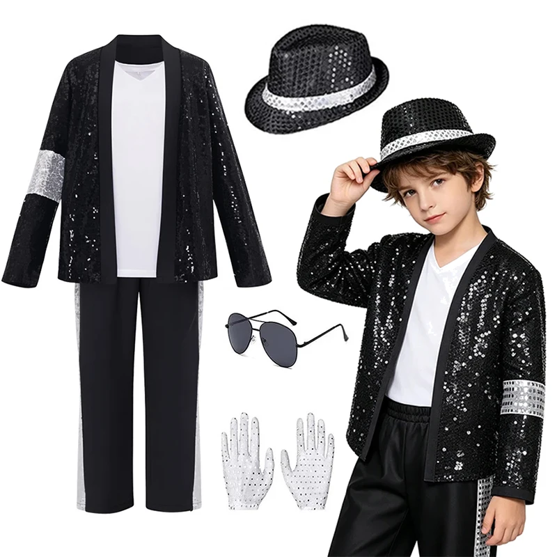 Kids Hip‑Hop Pop Star Fancy Costume Sequin Suit with Hat Gloves Sunglasses for School Show Halloween Stage Role‑Play Party