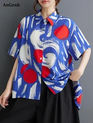 Blue Oversized Asymmetrical Vintage Print Shirt Women 2024 Summer New Short Sleeve Loose Casual Blouse Top Fashion Clothing