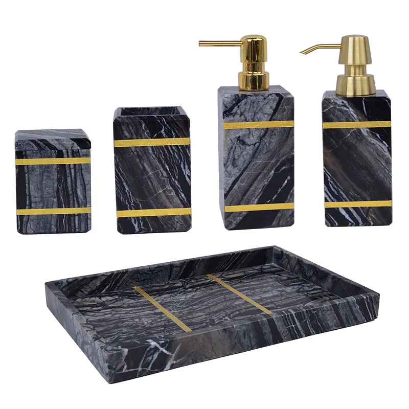 Natural Marble Bathroom Accessory Set, Vanity Tray & Soap Dispenser, Nordic Light Luxury Washroom Countertop Decor Kit