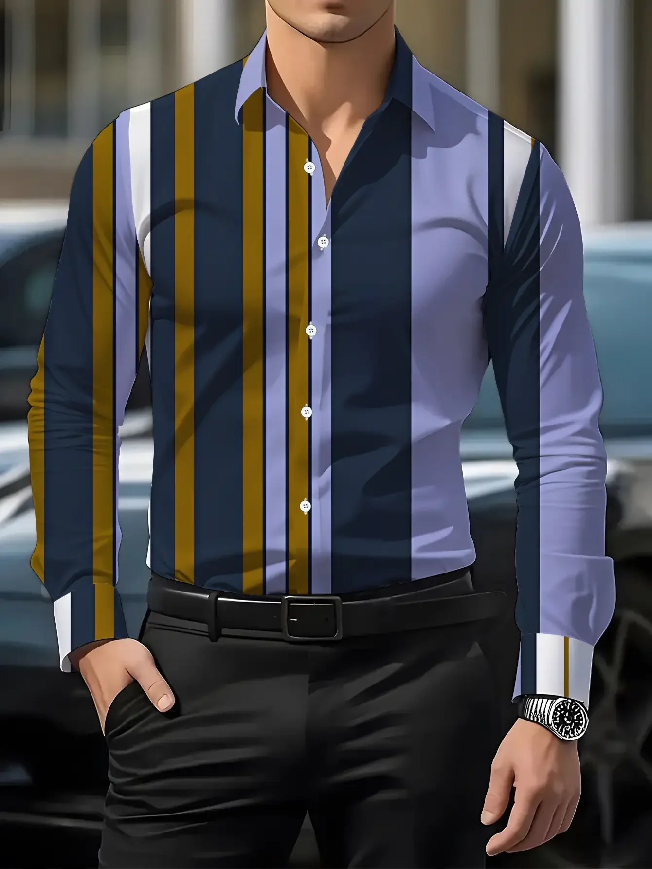 

Men's long sleeved shirt with vertical stripes, men's printed shirt with colorful vertical stripes