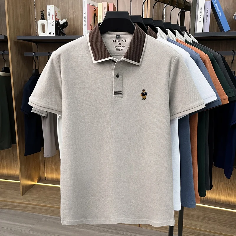 Luxuriöses 100% Baumwoll-Kurzarm-Poloshirt für Herren, neuer Trend, Marken-Cartoon-Bären-Stickerei, atmungsaktives, bequemes, lässiges Sommer-T-Shirt – Detail 14