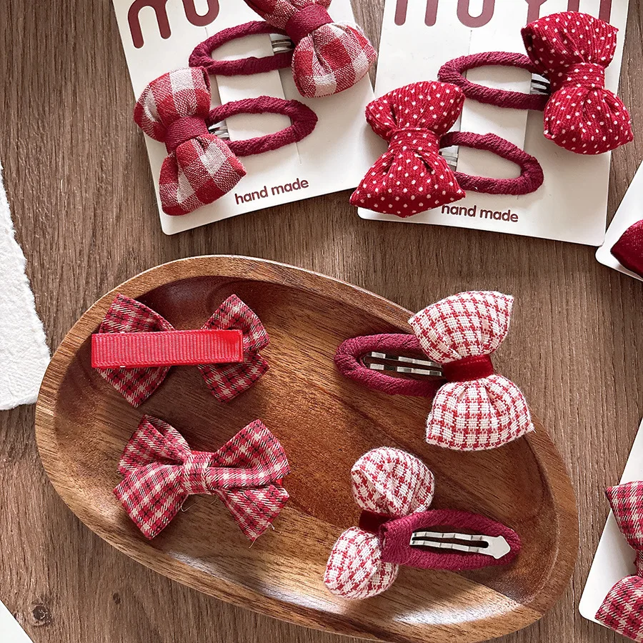 

Korean Red Plaid Bow Hair Clips for Girls 2-Piece Set Fabric Covered Baby Barrettes Non-Slip Grip Sweet Polka Dot Design