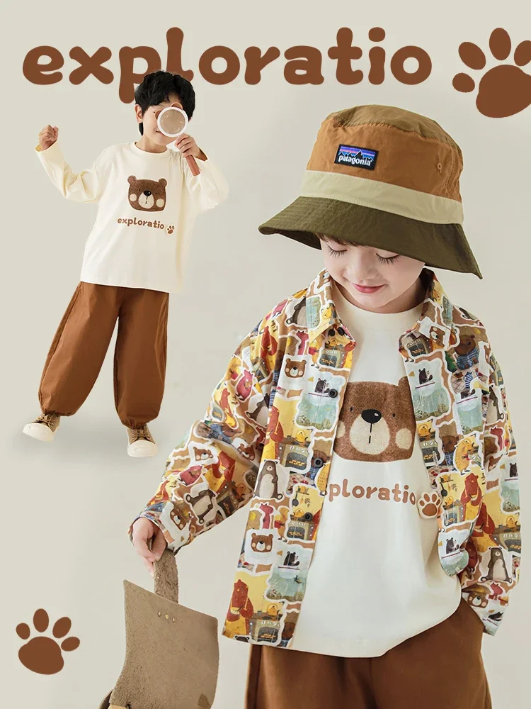 Boys 2024 New Color Block Bear Long Sleeve Shirt Versatile T-shirt Loose Fashion Trendy Pants Set