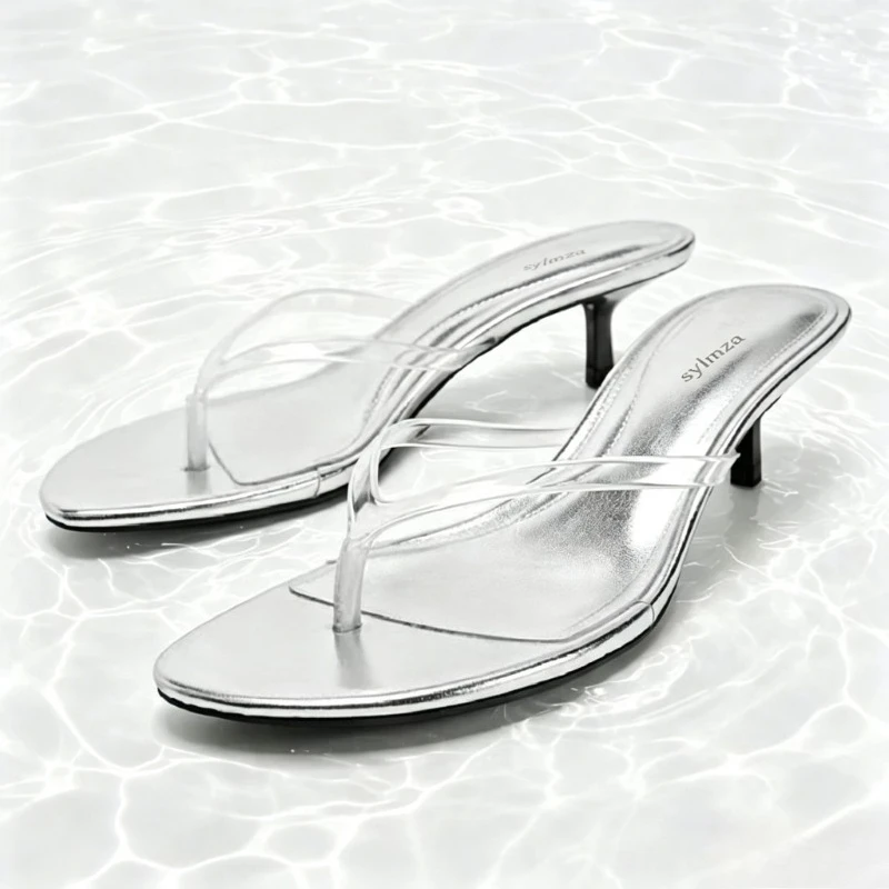 Fashion Transparent PVC Kitten-heel Slippers for Women Sexy Round-toe Clip Toe Flip Flops Unique Metalised Pattern Slide Sandals