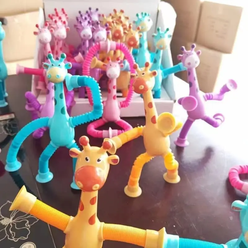 4 PCS Telescopic Giraffe Suction Toys, Shape-Changing Giraffe Telescopic Tube Cartoon Toys, Stretch Novel Educational Toys