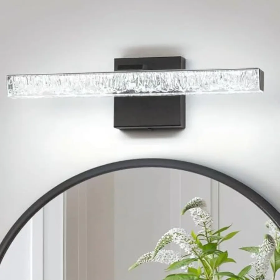 

Modern LED Bathroom Vanity Light Fixtures 16-Inch Black Wall Sconce with Iceberg Crackle Acrylic Linear Bathroom Lighting Over