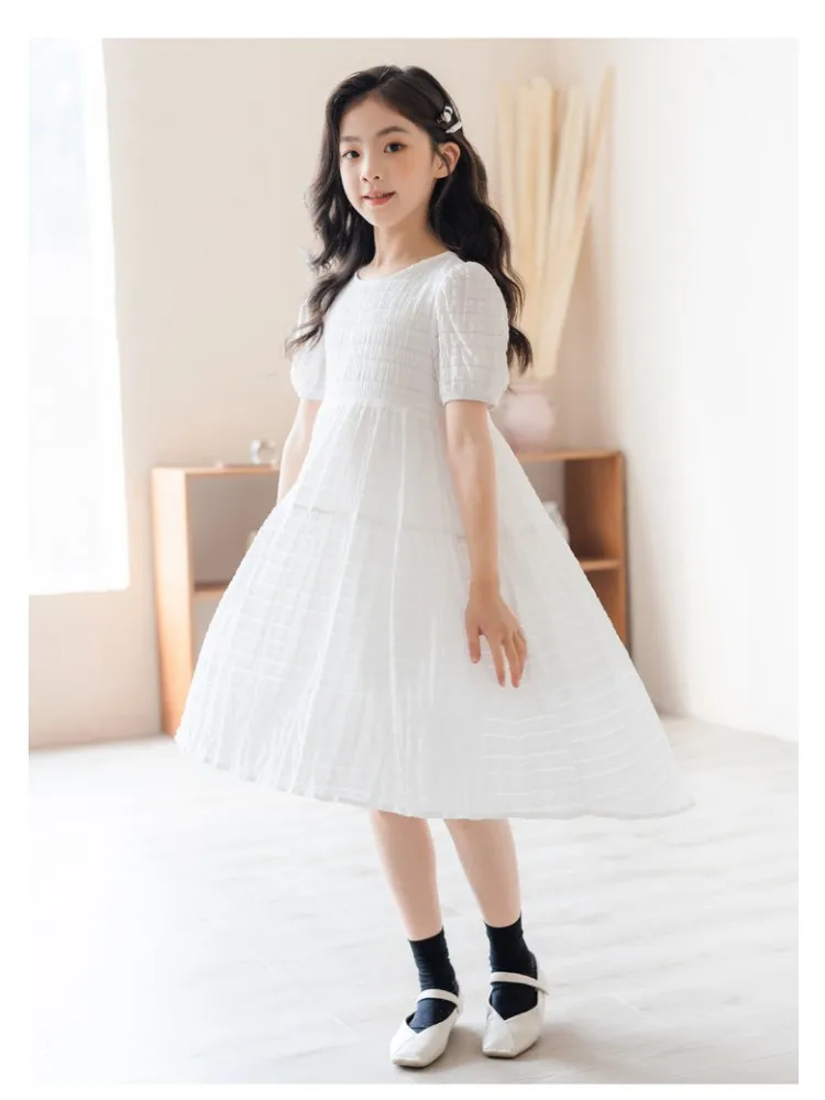 

New Girls' Dress Children's Summer Sweet Bubble Short Sleeve White Princess Dress Big Children's Dress Dress