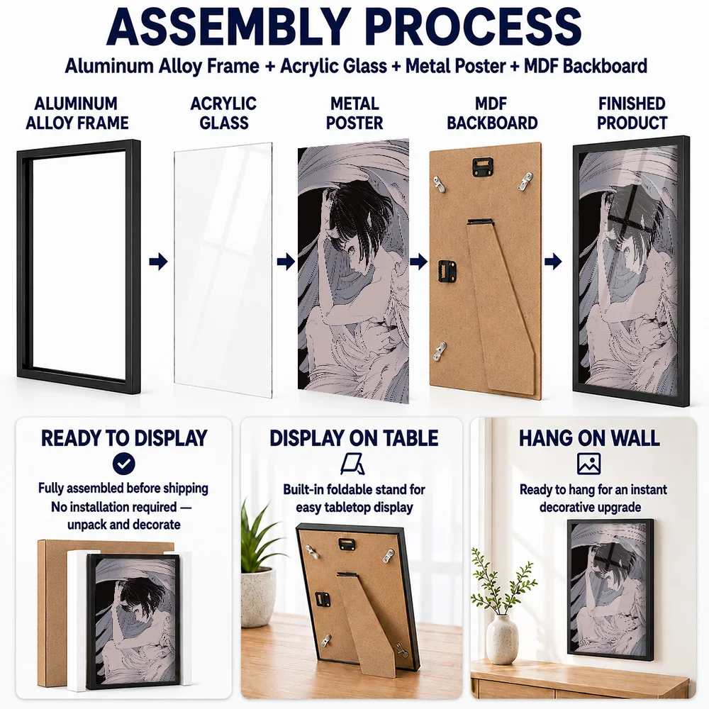 Monochrome Angelic Anime Girl Framed Aluminum Metal Poster Customized Photo Dynamic Character Style Wall Art For Gaming Setup
