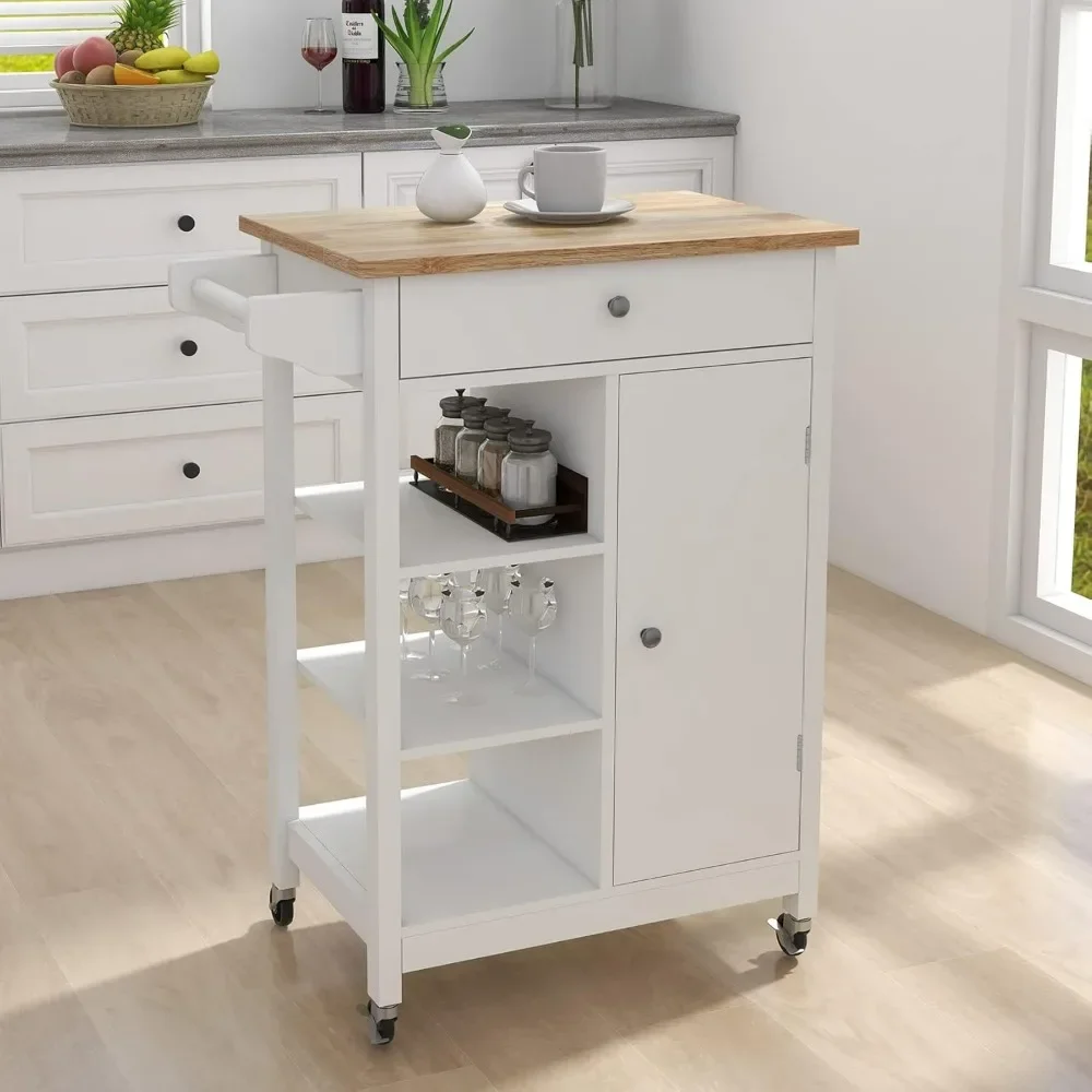 Rolling Kitchen Island Cart with Drawer, Storage Cabinet and 3 Open Shelves, Rolling Trolley Cart with Towel Rack for Kitchen