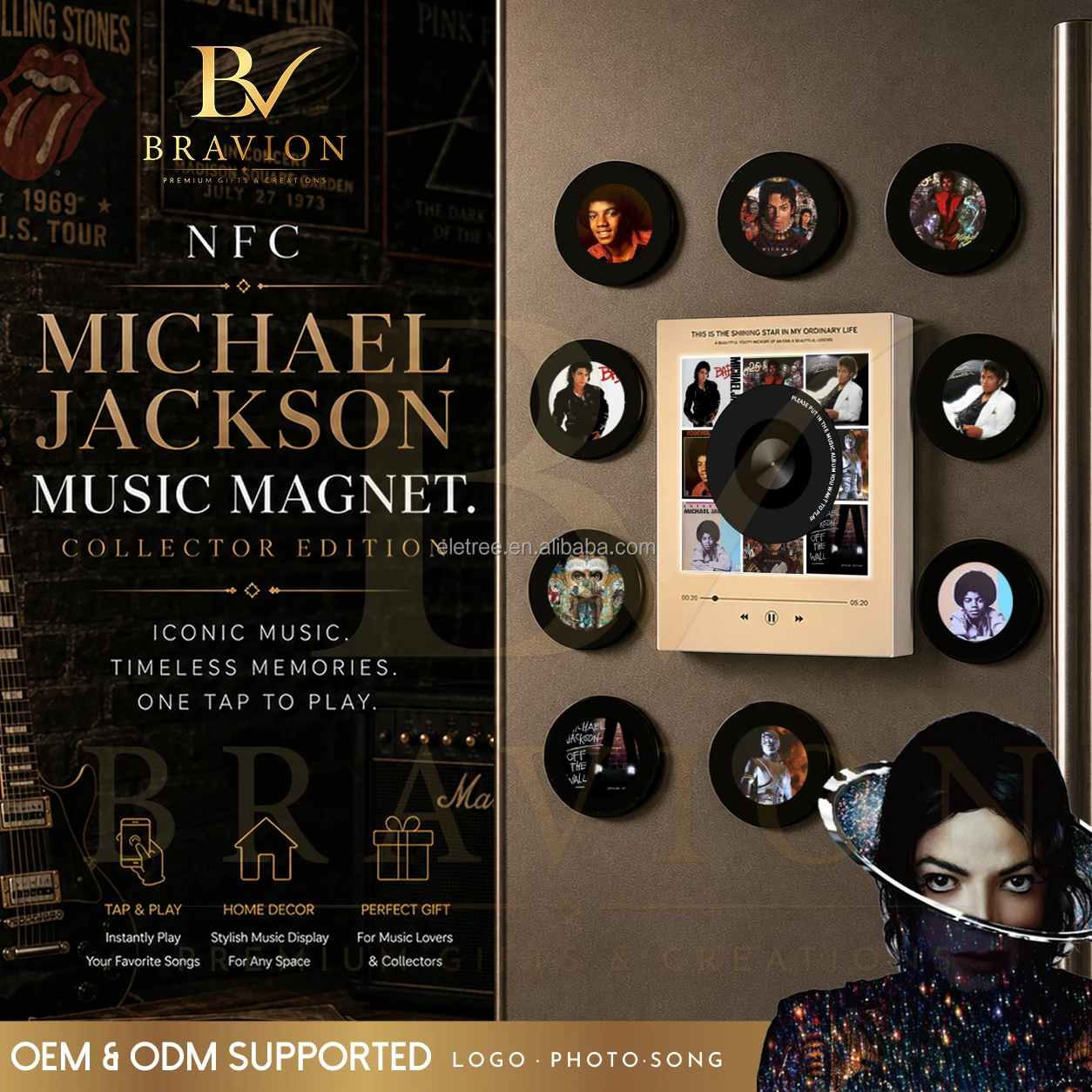 DIY Michael Jackson NFC Rotating Vinyl Record Player Refrigerator Magnet Set Acrylic Frame Lecteur Vinyl Nfc Music Player