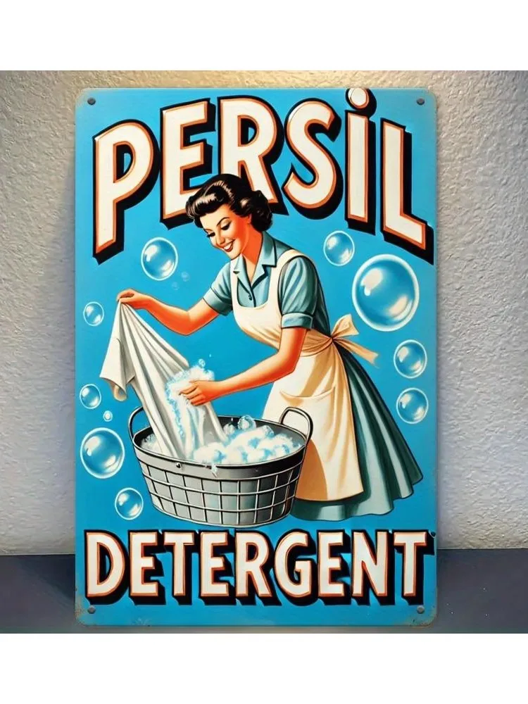 Un signe en étain avec le thème classique de la poudre de lessive Persil, présentation de la femme au foyer et des scènes vintage. C'est parfait pour la décoration