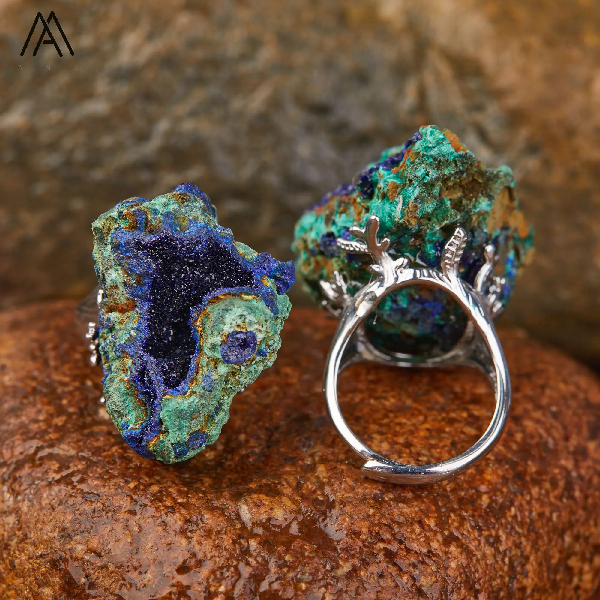 Natürlicher Azurit-Malachit-Geode-Fingerring, verstellbar, vergoldet, versilbert, Ring im Bohemian-Stil, Unisex-Accessoire – Detail 21
