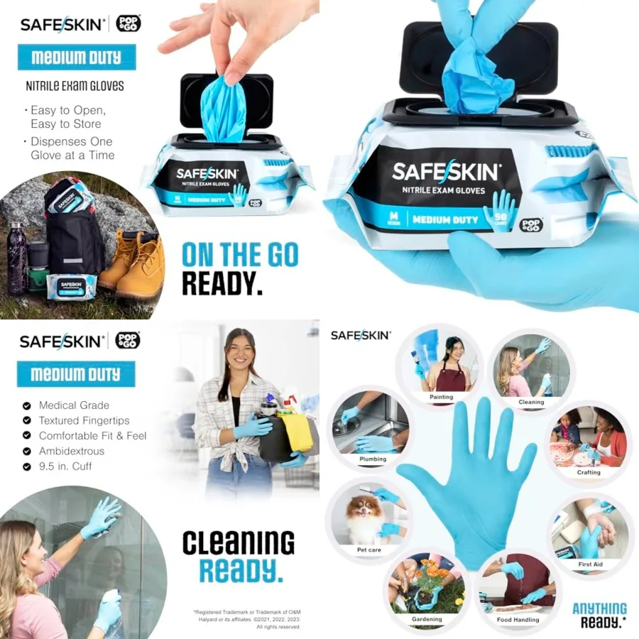 

SAFESKIN Disposable Nitrile Gloves in POP-N-GO Pack or Count Medium Duty, Powder-Free -Cleaning, Gardening, Crafts