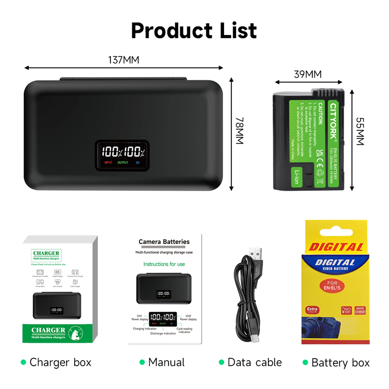 2850mAh EN-EL15C EL15C EN EL15 Battery + LCD Dual Charger for Nikon Z6, Z7,V1 D500, D600, D800, 800E, D850, D750, D7000, 7500