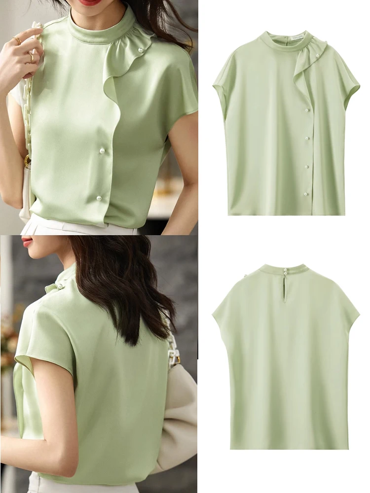 SENTUBILA Elegant Chiffon Tops Blouse for Women 2024 Summer Fashion Office Lady Stand Collar Ruffles Shirts & Blouses 122V42220