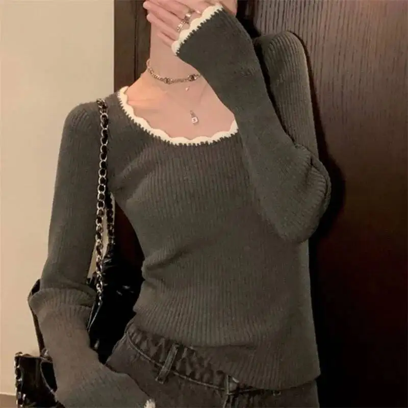 

Корейские облегающие вязаные свитера для женщин, винтажный пуловер с контрастными оборками и круглым вырезом, женские осенне-зимние джемперы с длинными рукавами